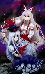  adjusting_hair blue_dress blue_hair dress dress_shirt fujiwara_no_mokou hair_ribbon hand_in_pocket hat highres kamishirasawa_keine light_smile long_hair long_sleeves multiple_girls night night_sky puffy_long_sleeves puffy_sleeves red_eyes ribbon shirt silver_hair sitting sky star_(sky) starry_sky touhou umami_(sakeikura) white_shirt 