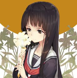  black_hair blush brown_eyes flower long_hair original school_uniform serafuku shirabi_(life-is-free) smile solo 