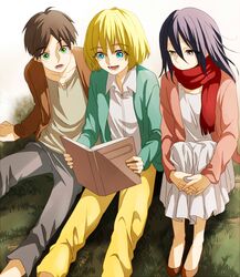  aqua_eyes armin_arelet black_eyes black_hair blonde_hair book brown_hair dress eren_jaeger green_eyes long_hair mikasa_ackerman scarf shingeki_no_kyojin short_hair yoshitaro 