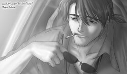  cigarette kaji_ryouji meguro_fukuzou monochrome neon_genesis_evangelion ponytail short_hair smoking sunglasses 