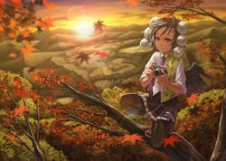  autumn_leaves black_hair boots camera hat holding in_tree kurione_(zassou) landscape leaf lens_flare maple_leaf mountain one_knee pantyhose red_eyes shameimaru_aya short_hair skirt smile solo squatting sun sunlight sunset tokin_hat touhou tree wings 