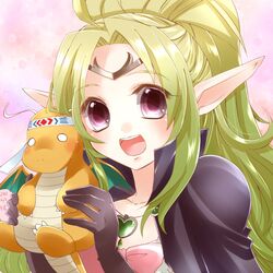  bow circlet crossover dragonite fire_emblem fire_emblem:_kakusei gloves green_hair harunonanashiki nono_(fire_emblem) open_mouth pointy_ears pokemon purple_eyes violet_eyes 