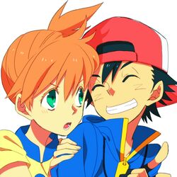  1girl backwards_hat black_hair closed_eyes colored_eyelashes couple eyes_closed green_eyes grin hat jacket kasumi_(pokemon) kazura_sakura orange_hair pointing pokemon pokemon_(anime) satoshi_(pokemon) side_ponytail simple_background smile white_background 
