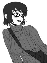  bag between_breasts blush breasts bust copyright_request glasses greyscale messenger_bag monochrome ribbed_sweater sakaki_imasato shoulder_bag simple_background solo strap_cleavage sweater turtleneck white_background 