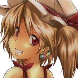  ao_usagi bare_shoulders blonde_hair cropped earrings flandre_scarlet grin hat hat_ribbon jewelry looking_at_viewer red_eyes ribbon side_ponytail smile solo touhou turning 