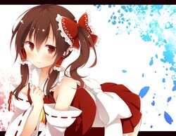  bare_shoulders beni_shake blush brown_hair detached_sleeves hair_tubes hakurei_reimu letterboxed long_hair red_eyes side_ponytail skirt solo touhou 