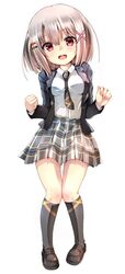  :d blush breasts highres looking_at_viewer necktie open_mouth original red_eyes shirt short_hair silver_hair simple_background skirt smile solo unomi white_background white_shirt 
