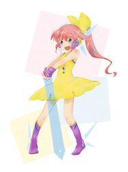 artist_request bare_shoulders blue_eyes boots bow dress fingerless_gloves gloves hair_bow long_hair open_mouth original personification pink_hair pixa ponytail robot_ears sano_(pixa3538) solo 