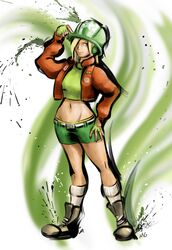  artist_name battalion_wars betty_(battalion_wars) blonde_hair boots crop_top cropped_jacket drawfag fingerless_gloves gloves hair_over_one_eye hand_on_hip helmet highres kneehighs mario_grant midriff navel parody short_hair short_shorts shorts signature slender_waist solo street_fighter street_fighter_iv style_parody 
