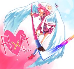  blush character_name checkered checkered_skirt flower hair_flower hair_ornament hat heart highres open_mouth original paintbrush painting personification pink_eyes pink_hair pixa pleated_skirt ribbon school_uniform shoes short_hair skirt socks solo tatata white_wings wings 