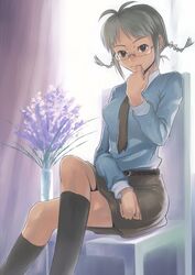  akizuki_ritsuko antenna_hair backlighting black_eyes black_legwear braid brown_hair chair crossed_legs curtains flower glasses idolmaster inu_(aerodog) legs_crossed necktie shirt sitting skirt socks solo twin_braids vase 