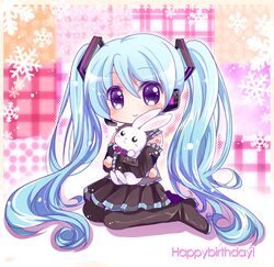  blue_eyes blue_hair boots bunny detached_sleeves hatsune_miku headset hug long_hair looking_at_viewer rabbit sitting skirt solo sukuneko thigh-highs thigh_boots thighhighs twintails very_long_hair vocaloid 