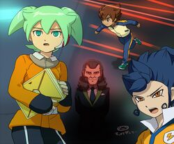  blue_hair brown_hair fei_rune green_eyes green_hair headset inazuma_eleven_(series) inazuma_eleven_go inazuma_eleven_go_chrono_stone male matsukaze_tenma mizuhara_aki multiple_boys open_mouth raimon soccer_uniform toudou_heikichi tsurugi_kyousuke yellow_eyes 
