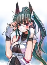  bespectacled blush bodysuit breasts cleavage_cutout fingerless_gloves glasses gloves green_hair highres large_breasts long_hair menou_kaname navel open_mouth original ponytail purple_eyes sketch solo taishi_(artist) violet_eyes 