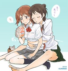  barefoot black_hair blush bowtie brown_eyes brown_hair closed_eyes drinking eyes_closed face feet hair_bobbles hair_ornament hands hug hug_from_behind milk multiple_girls necktie original peg revision school_uniform side_ponytail sitting sleeves_rolled_up socks straw sweat sweatdrop toes translated translation_request yuri 