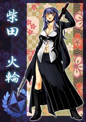  blue_hair boots breasts cleavage dress_shirt hyuga_zen jacket katana long_skirt navel off_shoulder original red_eyes scar sekigahara_gakuen shirt skirt solo sword translation_request weapon wink 