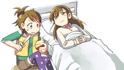  alternate_hairstyle apple bed brown_eyes brown_hair food fruit futami_ami futami_mami hands_clasped idolmaster knife light_smile long_hair multiple_girls print_legwear ryoki_(8bit) short_hair siblings sisters smile star_print twins under_covers wavy_mouth 