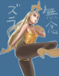  animal_ears bare_shoulders blonde_hair blue_eyes bunny_ears bunny_girl bunnysuit detached_collar dorothy_catalonia eyebrows female gloves gundam gundam_wing high_heels incomplete kicking leotard long_hair pantyhose rabbit_ears shoes solo strapless thong_leotard tovago 