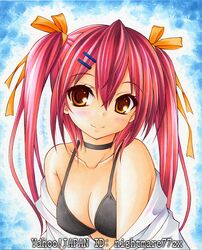  bikini black_hair brown_eyes choker dress_shirt long_hair nightmare77zx original redhead shirt swimsuit twintails 