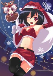  >;d :o ;d alternate_costume animal_costume animal_ears armpits belt black_legwear blush breasts bustier elbow_gloves gloves hat highres inubashiri_momiji midriff multiple_girls naotaka navel open_mouth panties red_eyes red_gloves reindeer_costume revision santa_costume santa_hat shameimaru_aya skirt smile snowflakes thigh-highs thighhighs touhou underwear v white_panties wink wolf_ears 