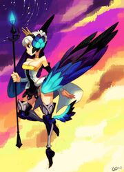  alex_ahad armor armored_dress bare_shoulders black_eyes blue_eyes boots breasts choker cleavage corset crown detached_sleeves dress greaves gwendolyn hair_bun hair_ornament highres large_breasts odin_sphere polearm short_hair solo spear staff standing_on_one_leg thigh-highs thigh_boots thighhighs tiptoes weapon white_hair wings 