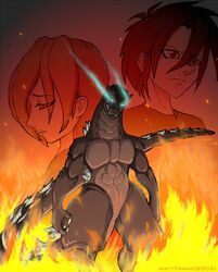  1boy 1girl chilling epic flames glowing_eyes godzilla godzilla_(series) smirk 