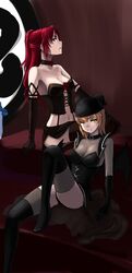  bat_wings blonde_hair boots breasts choker cleavage cloel corset demon_girl elbow_gloves female flower gloves hat highres long_hair long_image mabinogi multiple_girls red_eyes red_hair redhead rose rua see-through short_hair skirt succubus succubus_(mabinogi) tall_image thigh-highs thigh_boots thighhighs wings yellow_eyes 