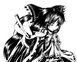  ascot bow fushigi_ebi hair_bow hair_tubes hakurei_reimu long_hair monochrome simple_background smile solo touhou white_background 