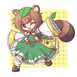  1girl animal_ears brown_eyes brown_hair fushigi_ebi highres leaf leaf_on_head open_mouth original patterned_background roku_(touhou) short_hair smile solo tail tanuki touhou wink 