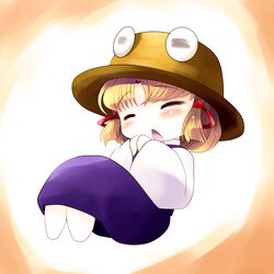  =_= ^_^ blonde_hair blush chibi closed_eyes eyes_closed hair_ribbon highres moriya_suwako open_mouth payot ribbon short_hair skirt solo touhou yume_shokunin 