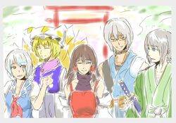  3girls animal_ears bare_shoulders blonde_hair blue_eyes breasts character_request choker cleavage closed_eyes dark_skin detached_sleeves eyes_closed fox_ears fox_tail glasses grin hair_tubes hakurei_miko hat japanese_clothes kamishirasawa_keine katana kimono konpaku_youki long_hair m.u.g.e.n morichika_rinnosuke multiple_boys multiple_girls multiple_tails nontraditional_miko red_eyes sheath sheathed silver_hair smile sword tail takase_(nandedaiya) touhou troll_face weapon yakumo_ran yellow_eyes 