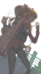  akinbo_(hyouka_fuyou) back-to-back black_legwear blonde_hair blue_eyes brown_hair coat fashion green_eyes highres houjou_hibiki legwear_under_shorts long_hair long_straw looking_at_viewer minamino_kanade multiple_girls open_mouth pantyhose precure scarf shared_scarf shorts skirt smile steam straw suite_precure twintails vest 
