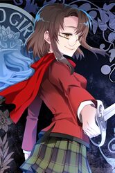  bangs blazer brown_hair flower glasses grin holding ieban lowres nanai_highcastle open_mouth plaid plaid_skirt pleated_skirt scarf school_uniform short_hair sideways_mouth skirt smile sword sword_girls weapon yellow_eyes 