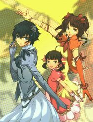  black_hair bow bracelet brown_eyes brown_hair doujima_nanako dress earrings elbow_gloves fingerless_gloves gloves gown hair_bow jewelry kujikawa_rise long_hair multiple_girls persona persona_4 puffy_sleeves shirogane_naoto short_hair short_twintails twintails yuzucchi zoom_layer 