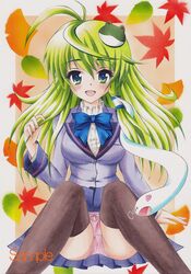  black_legwear blazer blush breasts frog_hair_ornament green_eyes green_hair hair_ornament hair_tubes kochiya_sanae long_hair millipen_(medium) munmu open_mouth panties pantyshot pantyshot_(sitting) pink_panties plaid plaid_skirt sample school_uniform sitting skirt smile snake_hair_ornament solo thigh-highs thighhighs touhou traditional_media underwear 