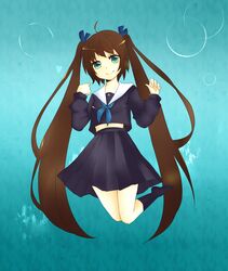  1girl brown_hair colored green_eyes hakuya-reki highres long_hair original school_uniform serafuku skirt smile solo twintails very_long_hair 