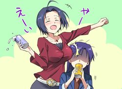  2girls :d ^_^ agahari ahoge belt blue_hair blush breast_envy breast_slap breasts closed_eyes drinking drunk eyes_closed idolmaster jewelry kisaragi_chihaya large_breasts long_hair miura_azusa multiple_girls necklace no_eyes open_mouth shaded_face short_hair smile speed_lines 