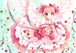  blush bow dress flower frilled_dress frills gloves goddess_madoka hair_bow hands_on_own_face kaname_madoka magical_girl mahou_shoujo_madoka_magica pink_eyes pink_hair ribbon rose short_twintails smile solo twintails ultimate_madoka wataame27 wings 