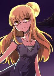  blonde_hair cloud clouds collarbone dress glasses kiko_(strategist) moon night night_sky perrine_h_clostermann sky smile solo strike_witches yellow_eyes 