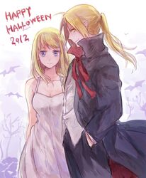  1girl 2012 bat blonde_hair blue_eyes cape collarbone dress edward_elric fullmetal_alchemist hands_in_pockets happy_halloween long_hair looking_at_viewer pointy_ears riru rough side_ponytail smile white_dress winry_rockbell yellow_eyes 