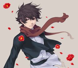  banbuji black_hair flower gundam gundam_00 red_eyes scarf setsuna_f_seiei short_hair solo 