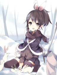  :d animal_ears black black_hair black_legwear bunny bunny_ears forest nature open_mouth original ponytail porifonika rabbit rabbit_ears scarf sitting skirt smile snow snowman thigh-highs thighhighs v_arms winter zettai_ryouiki 