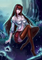  aozaki_aoko bare_shoulders blue_eyes breasts cleavage flower frown highres kamue large_breasts lips long_hair mahou_tsukai_no_yoru navel pleated_skirt red_hair redhead sitting skirt solo thigh-highs thighhighs tree 