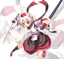  absurd_res absurdres animal_ears autumn_leaves black_legwear breasts bridal_gauntlets brown_eyes cyoppu detached_sleeves female fighting_stance floral_print hair hat hat_ribbon hi_res highres inubashiri_momiji katana leaf long_sleeves looking_at_viewer maple_leaf momiji_inubashiri open_mouth outstretched_arms red_shoes ribbon ribbons scabbard scarf sheath shirt shoes short_hair silver_hair skirt socks solo sword tail tokin_hat touhou weapon wide_sleeves wolf_ears wolf_tail zoom_layer 