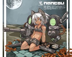  android arm_support artist_name bare_shoulders dessert fingerless_gloves food gloves grey_eyes gun mecha mecha_musume moon nancou_(nankou) navel original robot_ears shell_casing smiley_face solo weapon white_hair 