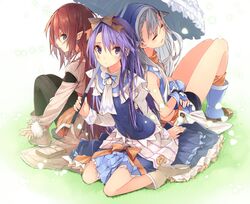  3girls ascot bike_shorts black_legwear blue_eyes boots bow closed_eyes coat dress earrings fingerless_gloves fur_trim gloves hair_bow hair_ornament hairclip hat highres jewelry karin_(rune_factory) kuwashima_rein multiple_girls parasol pointy_ears purple_hair redhead rune_factory rune_factory_3 silver_hair sitting socks sofia_jalapeno_viviage toeless_legwear toona umbrella violet_eyes wariza 