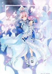 butterfly fan folding_fan hat japanese_clothes mosho petals pink_hair red_eyes saigyouji_yuyuko short_hair solo tabi touhou traditional_media triangular_headpiece watercolor_(medium) wide_sleeves 