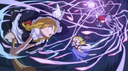  ah-negitorow alice_margatroid blonde_hair book bow broom brown_eyes brown_hair doll dress hair_bow hair_ribbon hair_tubes hairband hakurei_reimu hat highres hourai imperishable_night kirisame_marisa long_hair multiple_girls open_mouth red_eyes ribbon short_hair touhou yin_yang 