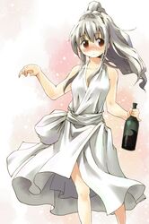  blush bottle dress drunk gray_hair long_hair original ponytail retsujou_(yudepii) solo yudepii yuderupii 
