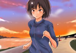  black_hair blush brown_eyes exercise jogging murasaki_iro nanasaki_ai outdoors path river short_hair sleeves_pushed_up snowflakes snowing sunset sweatshirt 